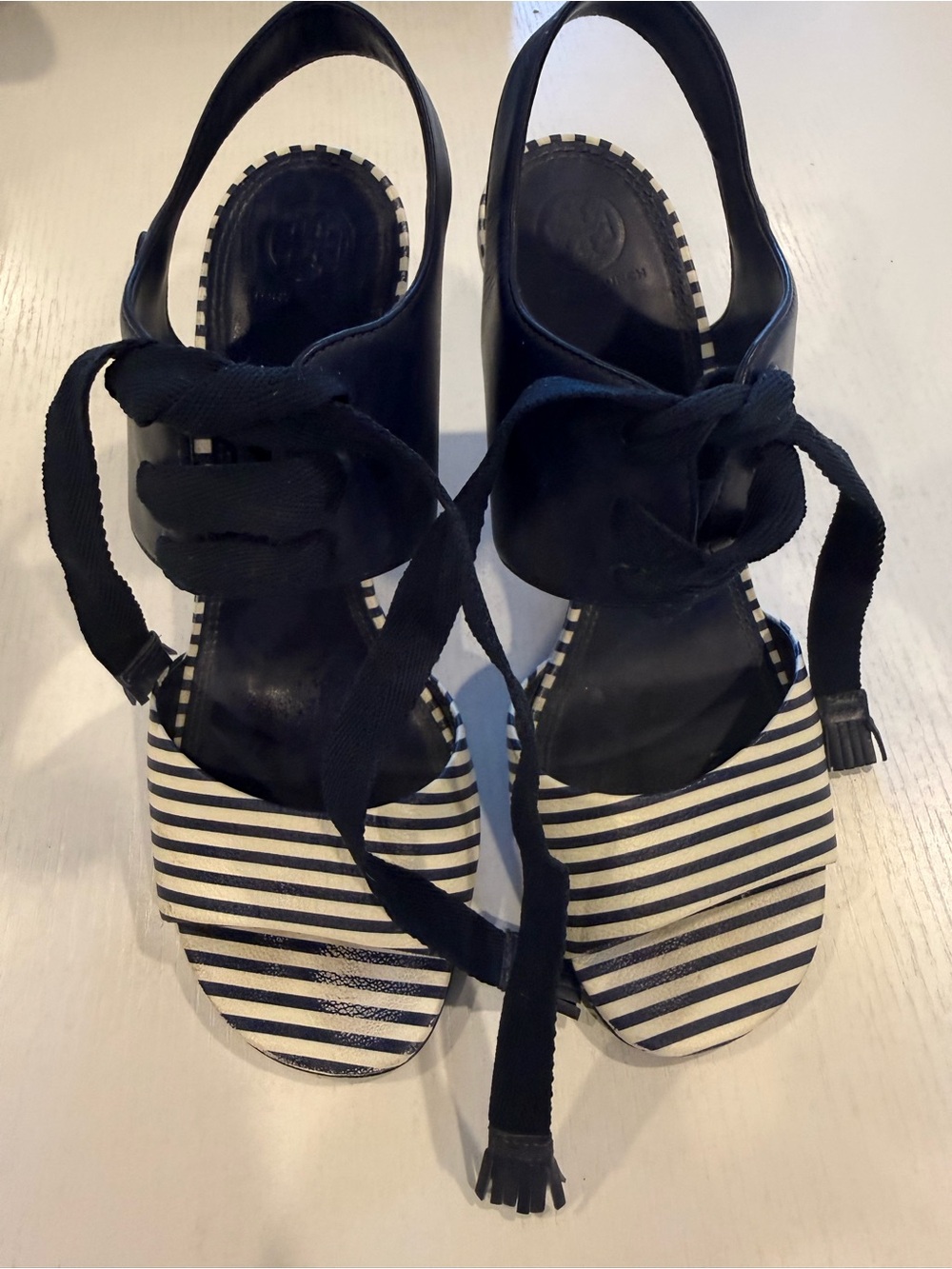Tory Burch Navy and White Striped Wedge Sandals - size 10